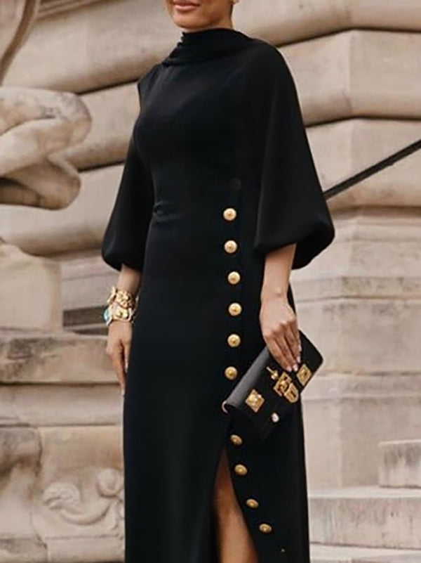 Vestito maxi da donna con maniche a sbuffo – elegante con collo alto e bottoni