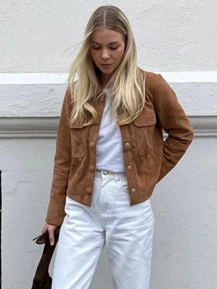 Elegante giacca in pelle scamosciata da donna - Capospalla alla moda