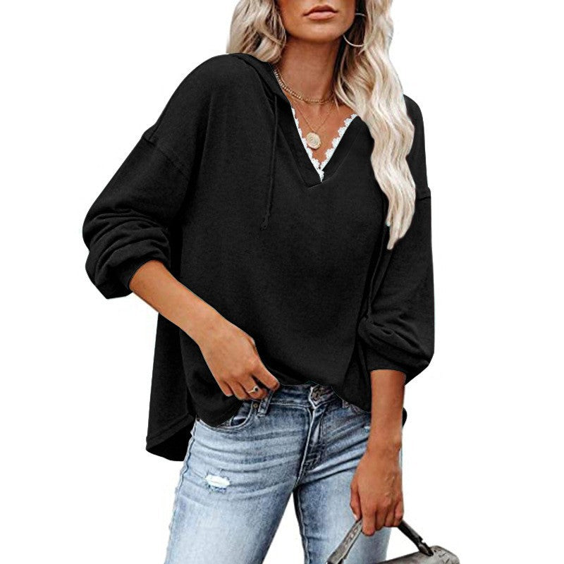 Felpa donna con cappuccio, pizzo e scollo a V a maniche lunghe