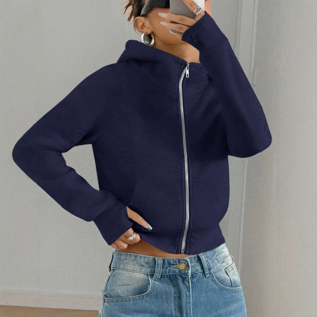 Sweat-shirt court à capuche pour femme, couleur unie – Décontracté et confortable