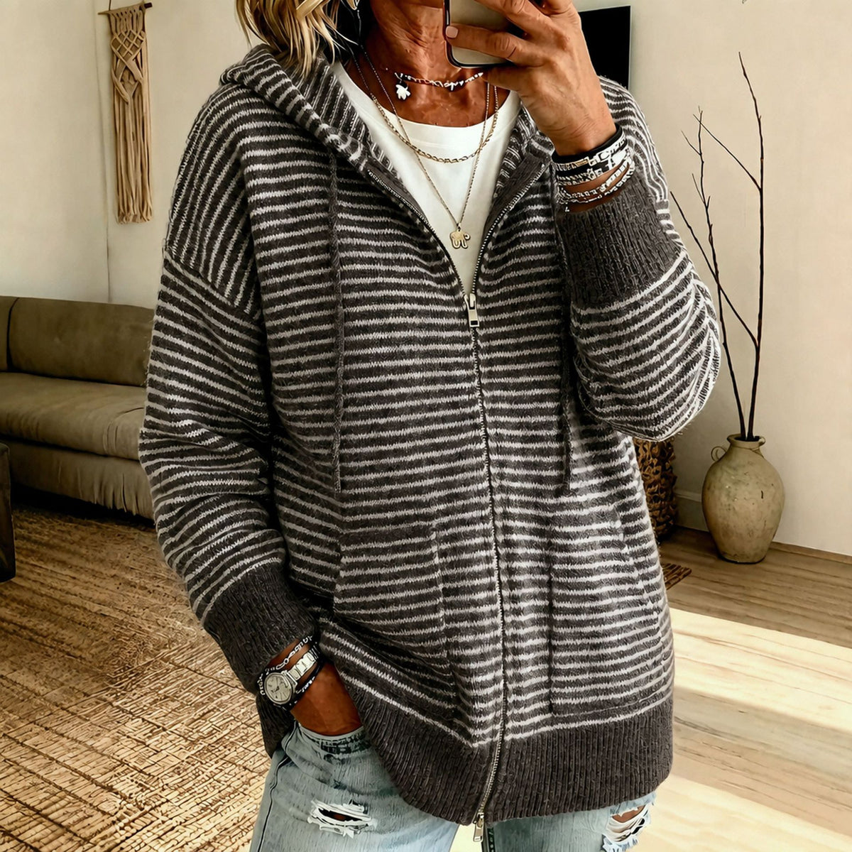 Women's striped hooded cardigan - Soft and casual