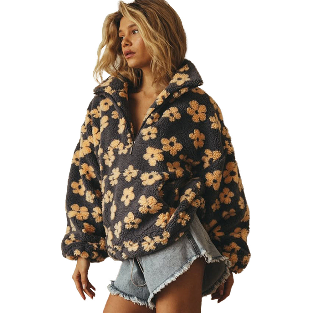 Felpa in pile da donna – Pullover casual con cerniera e tasca