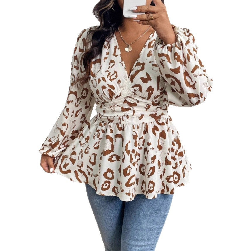 Camicia donna leopardata con scollo a V e maniche lunghe