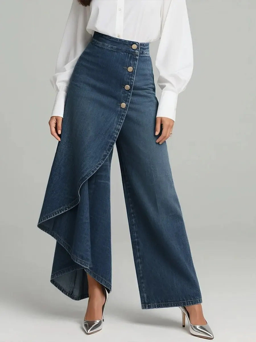 Pantaloni in finto denim a gamba dritta da donna – Pantaloni alla moda con bottoni arricciati