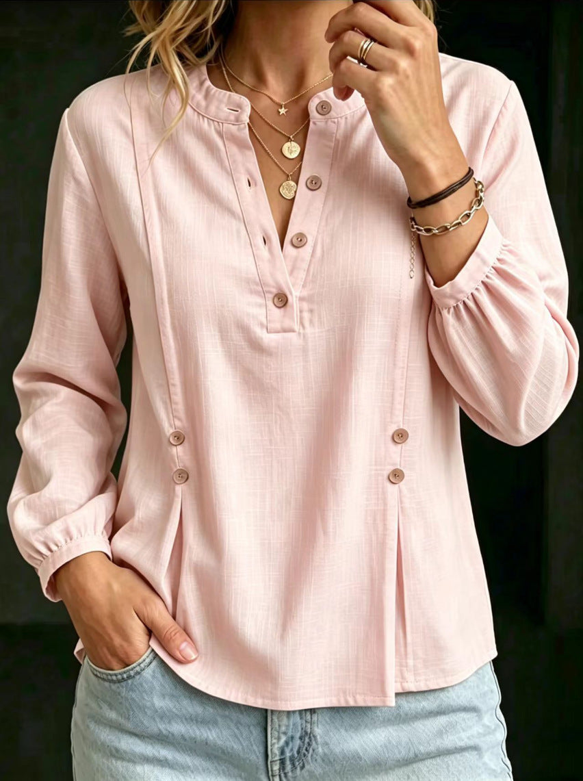 Camicia da donna in cotone e lino con collo alla mandarina – Modello casual estivo a maniche lunghe