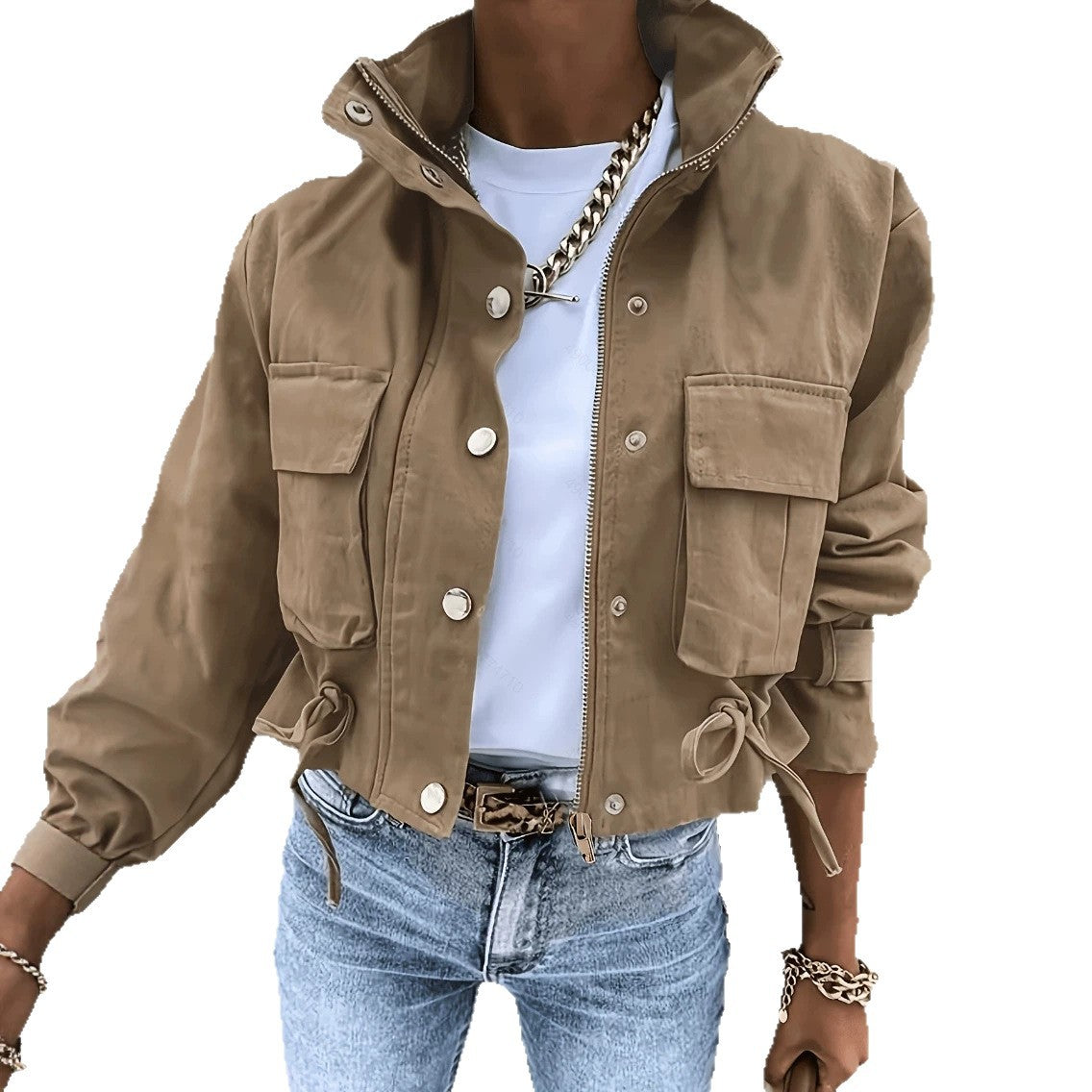 Veste biker pour femme à manches longues avec col montant – Style vintage chic et décontracté