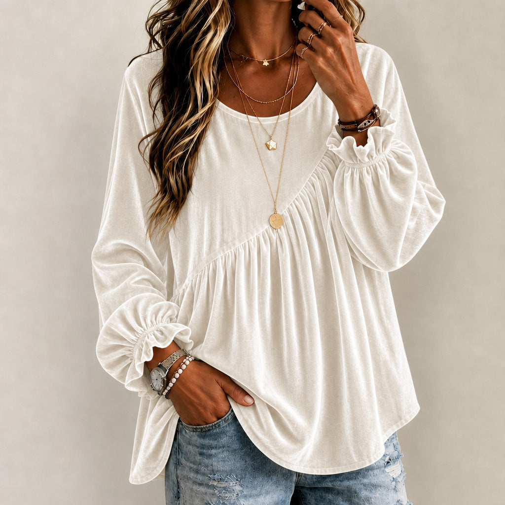 Top Donna in Velluto con Collo Rotondo e Volant – Stile Elegante Vestibilità Morbida