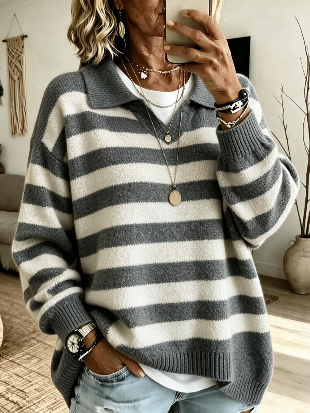 Suéter de mujer estilo marinero con bloques de color - Suave y estructurado