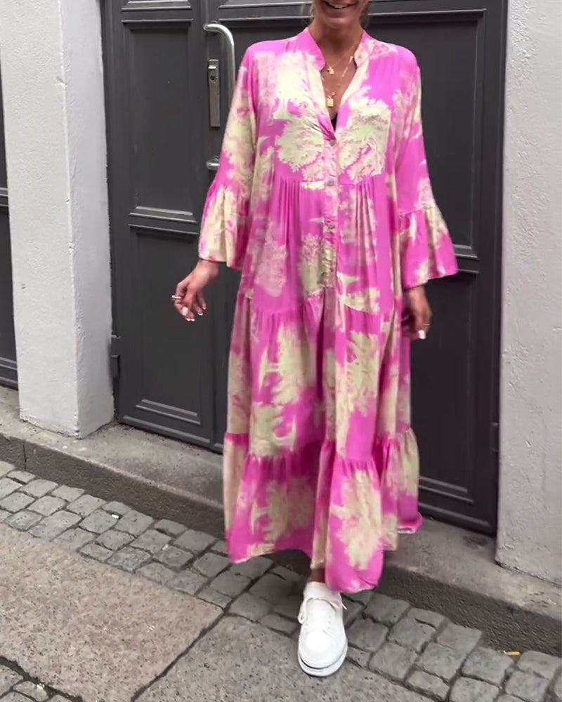 Elegante abito lungo stampato da donna – vestibilità ampia con maniche arricciate