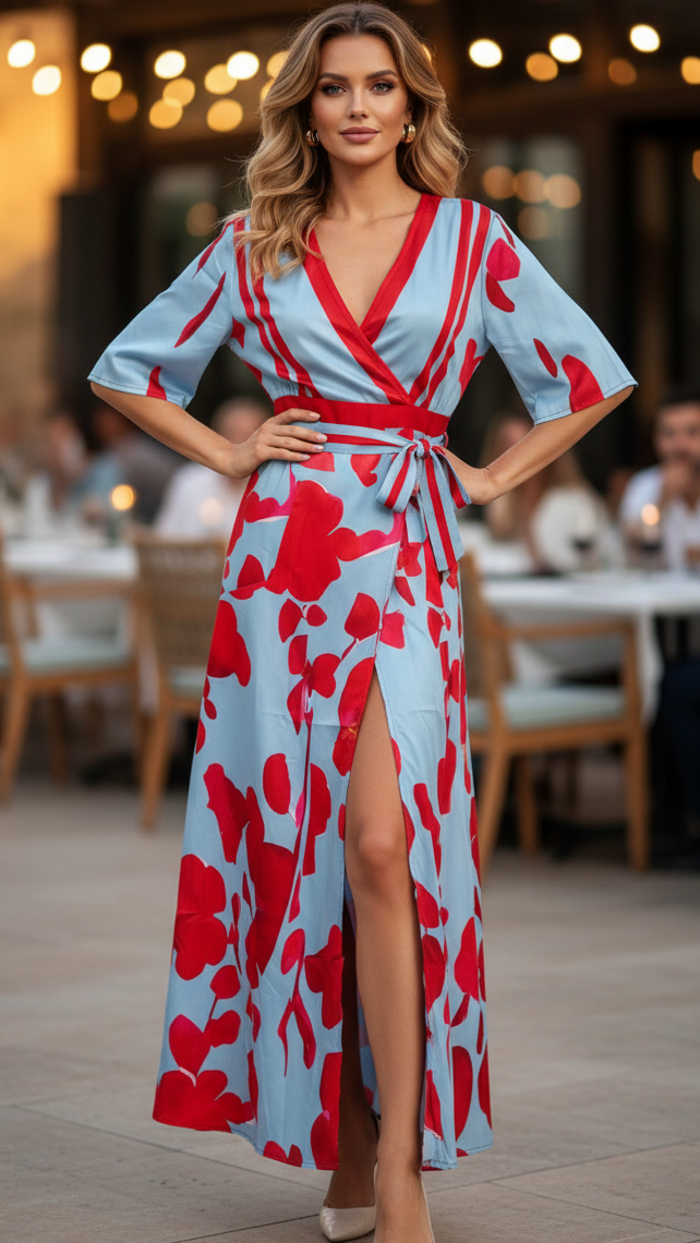 Elegante abito lungo con stampa floreale da donna - scollo a V maniche corte stile avvolgente