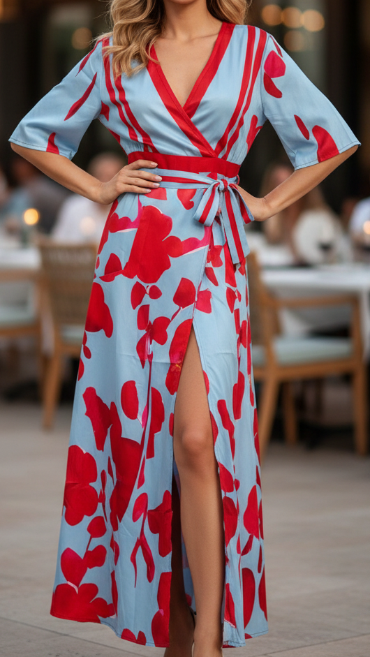 Elegante abito lungo con stampa floreale da donna - scollo a V maniche corte stile avvolgente