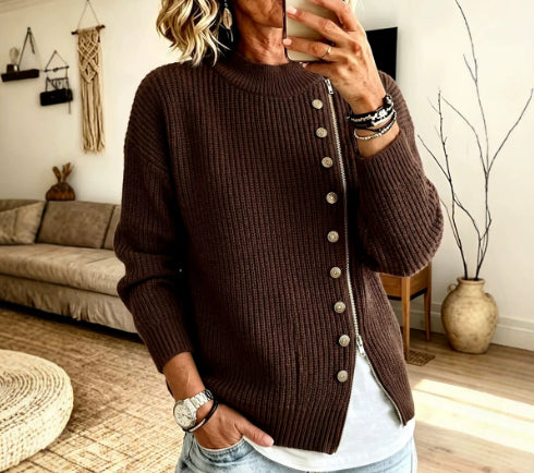Women's ribbed sweater with asymmetrical zipper – Modern and comfortable
