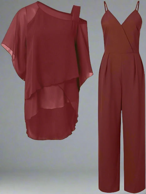 Completo tuta e camicetta in chiffon monospalla di lusso da donna - Elegante completo leggero e fluido in due pezzi