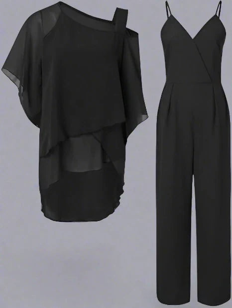 Completo tuta e camicetta in chiffon monospalla di lusso da donna - Elegante completo leggero e fluido in due pezzi
