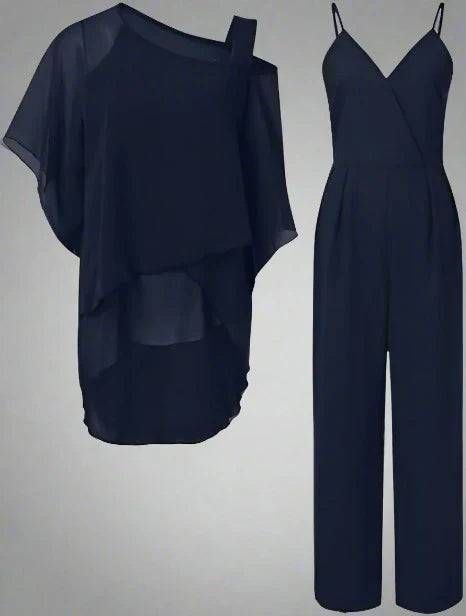 Completo tuta e camicetta in chiffon monospalla di lusso da donna - Elegante completo leggero e fluido in due pezzi