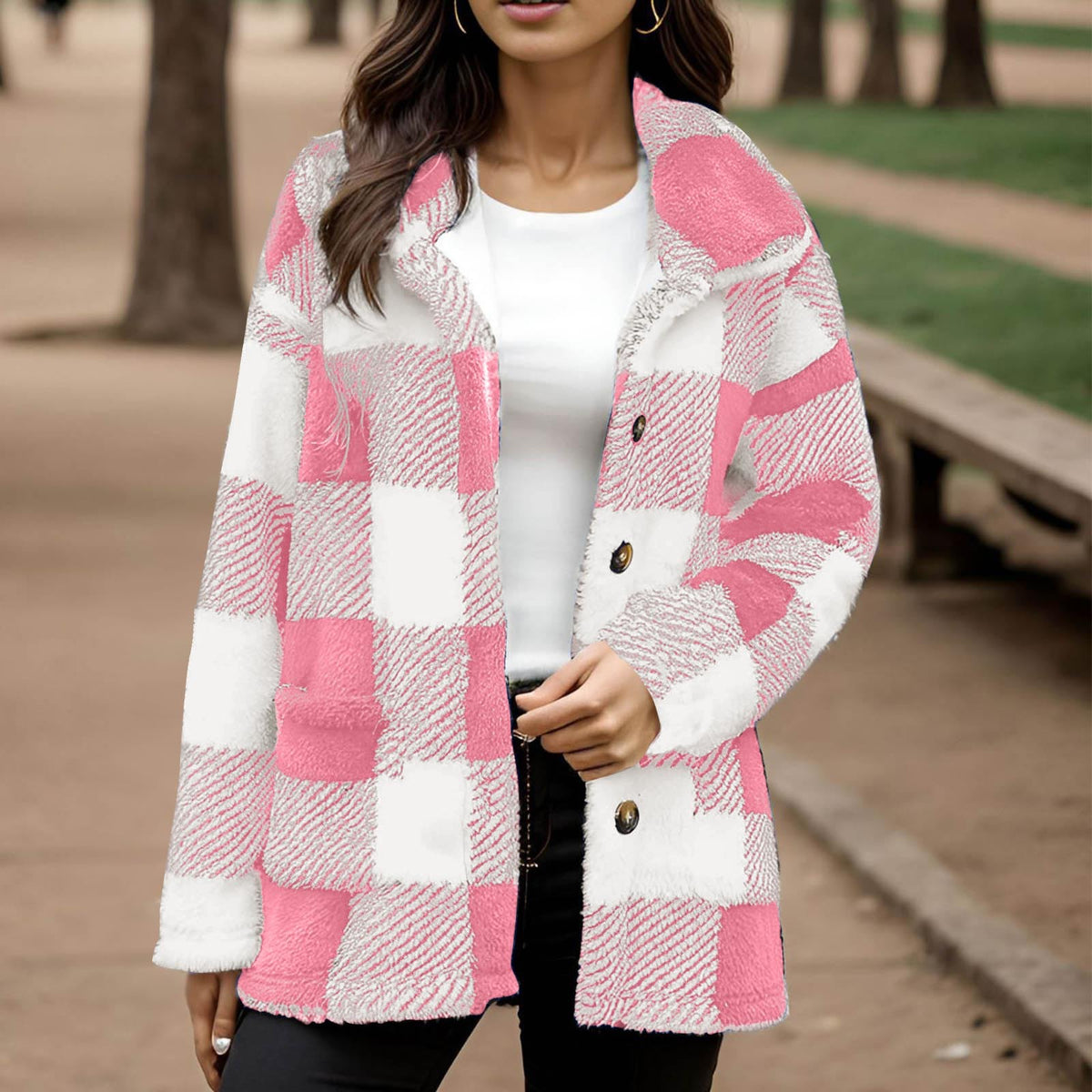 Manteau peluche à carreaux pour femme - Chaud et pratique