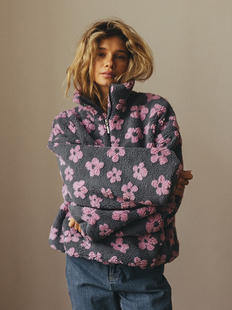 Felpa in pile da donna – Pullover casual con cerniera e tasca