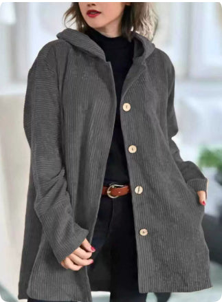 Elegante giacca con cappuccio in velluto a coste da donna – Maglione casual abbottonato di media lunghezza