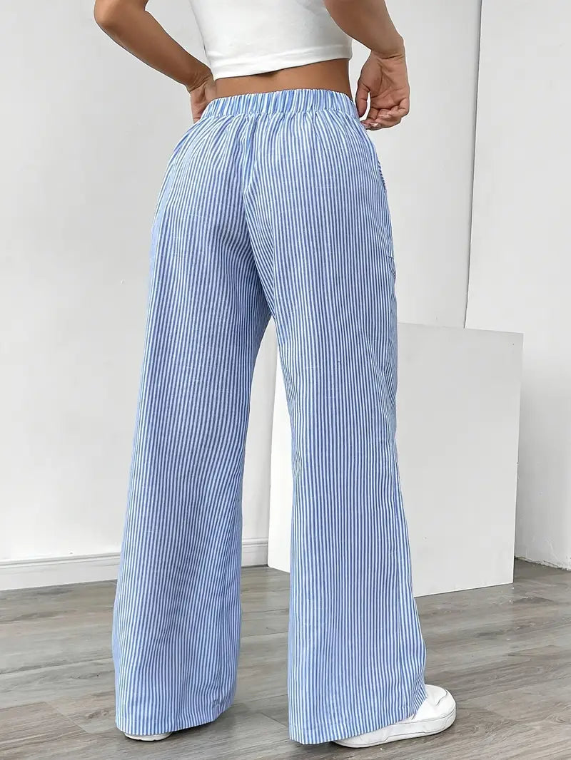 Pantaloni a gamba larga a righe casual da donna, eleganti e larghi - Pantaloni estivi leggeri e traspiranti con tasche