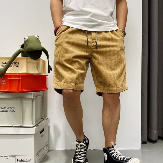 Pantaloncini da uomo in velluto a coste con coulisse – Abbigliamento estivo casual con orlo risvoltato