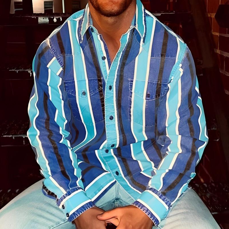 Camicia Uomo a Righe Blocchi Colore - Maniche Lunghe Casual
