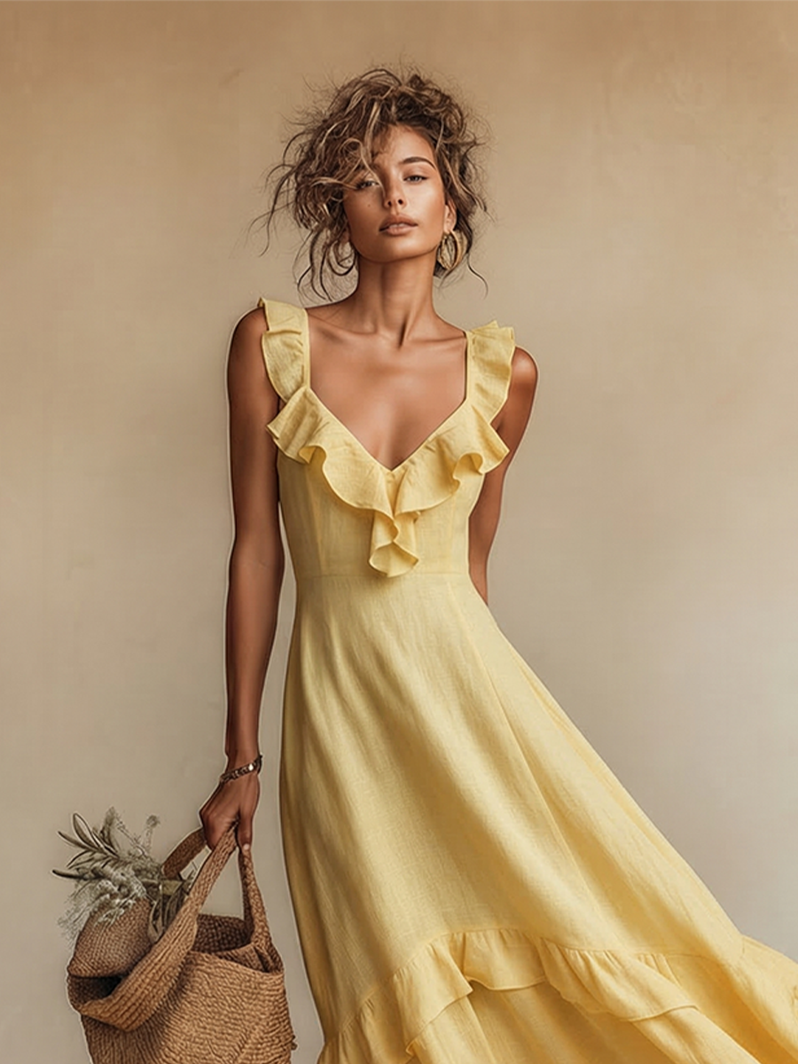 Abito maxi in lino giallo da donna con scollo a V e volant - Boho ed estivo