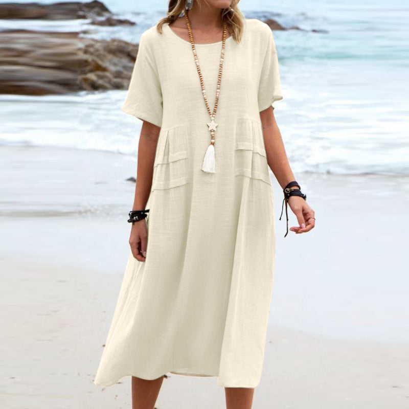 Abito midi donna in cotone lino con maniche corte - Traspirante e rilassato