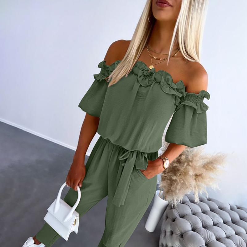 Tuta donna monospalla – Jumpsuit con volant e cintura in vita stile chic