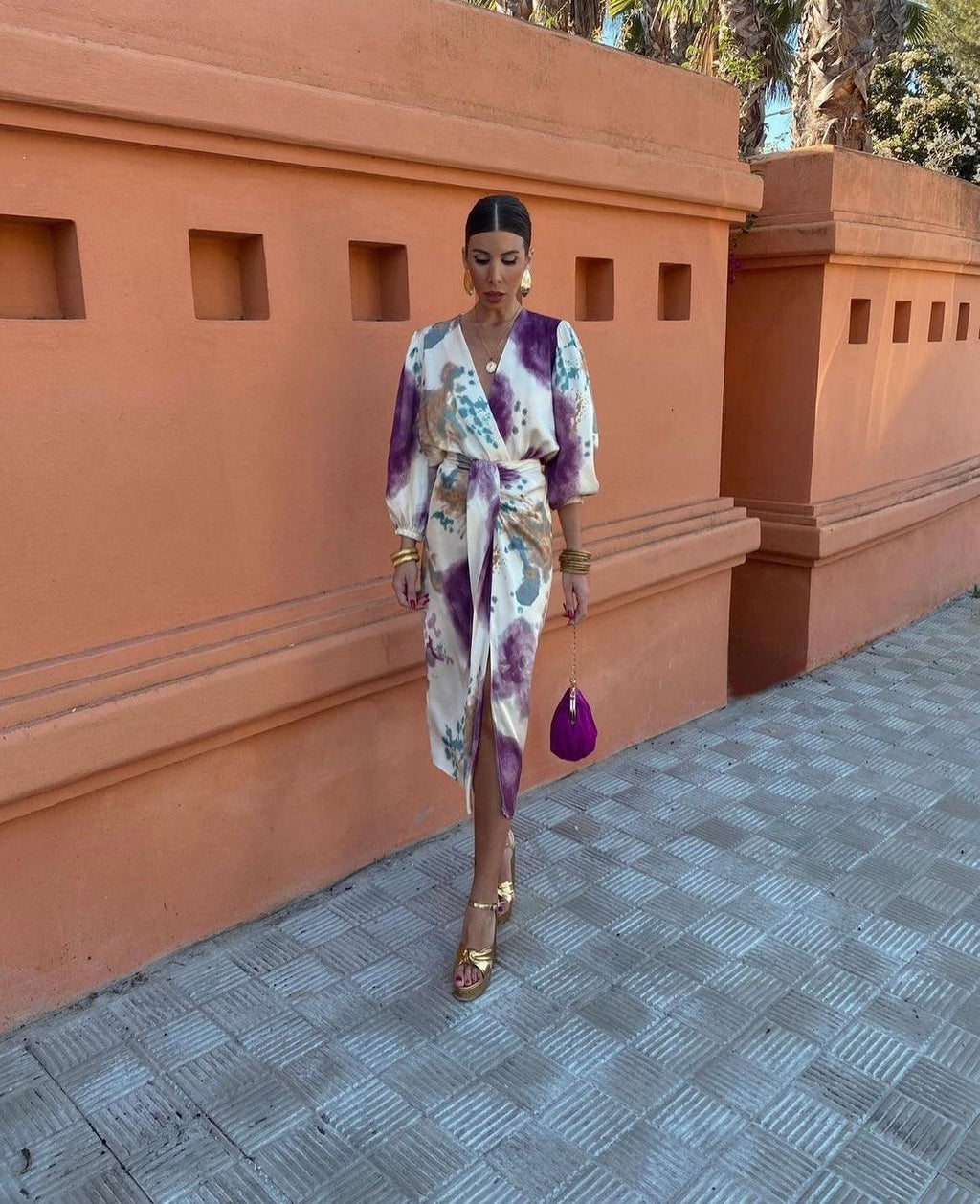Donna elegante e colorato con scollo a V e maniche a palloncino Set - Estate