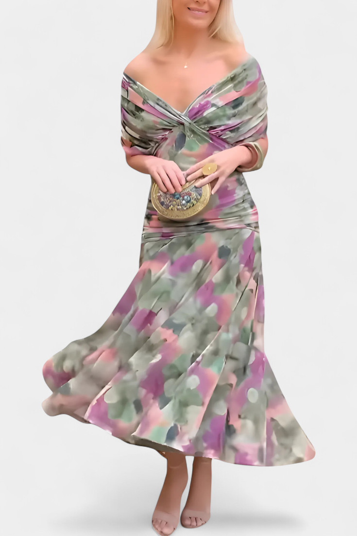 Elegante abito lungo da donna con scollo a V e stampa floreale – Abito estivo lungo e fluido