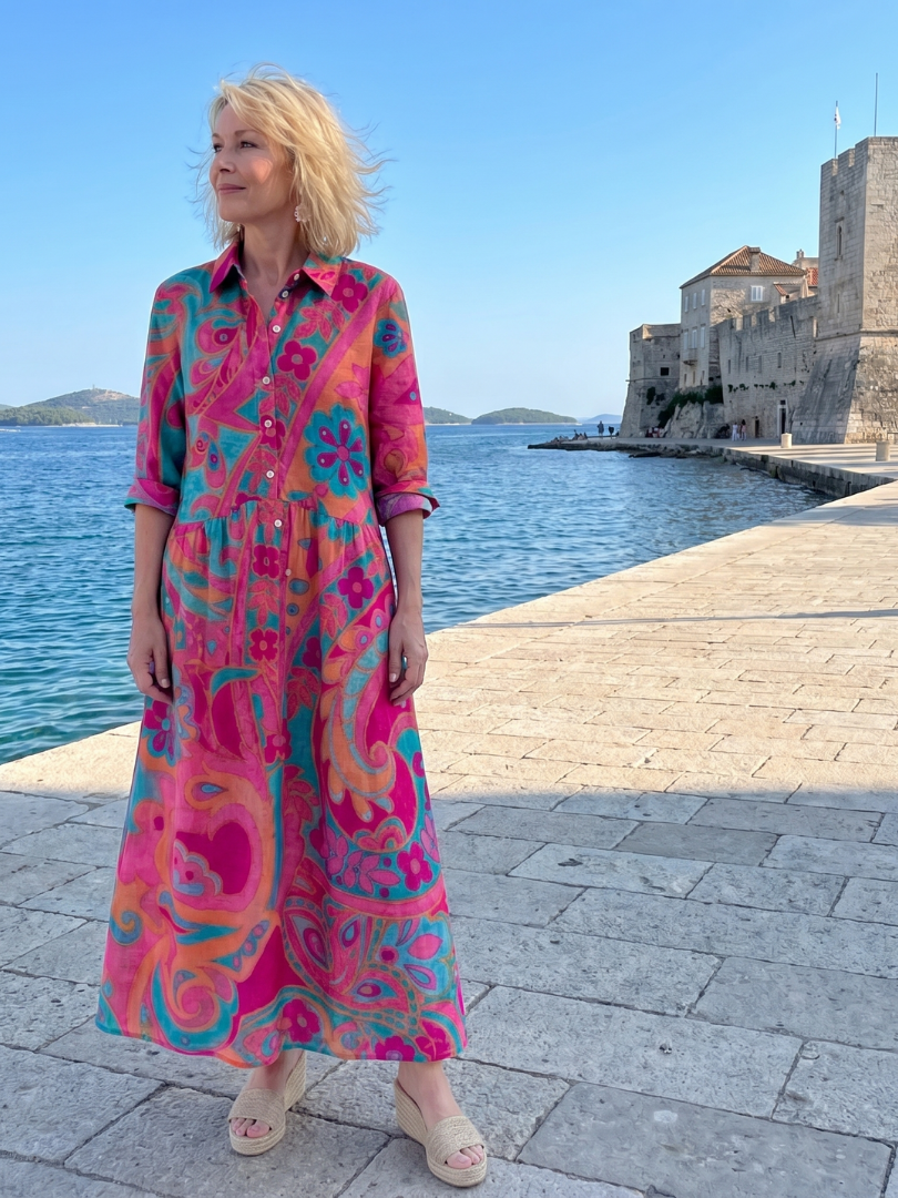 Abito midi stampato da donna con colletto e bottoni - Elegante e facile da indossare