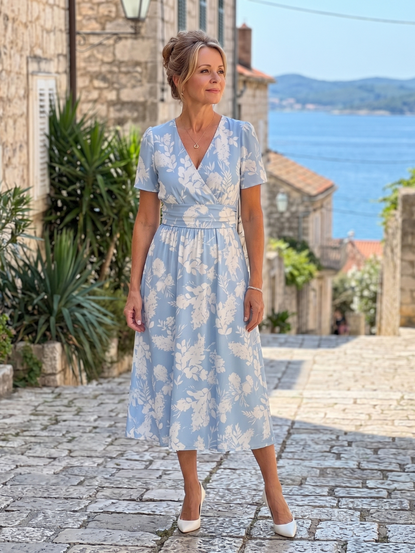 Abito midi floreale da donna con scollo a V e maniche corte - Fluido ed estivo
