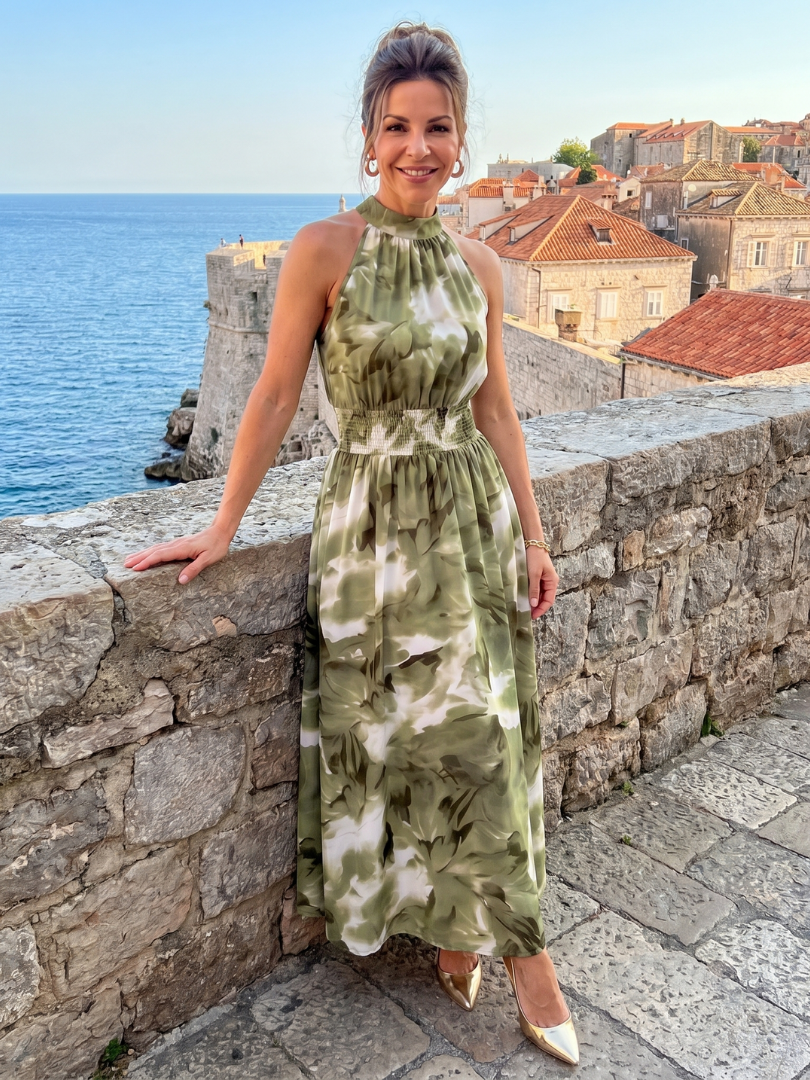 Abito midi da donna con stampa astratta e vita arricciata - Fluido ed elegante