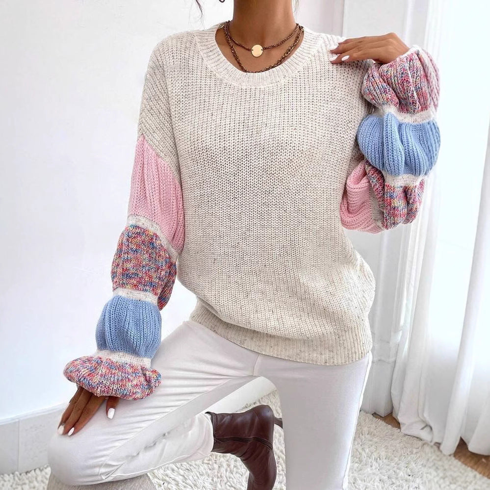 Multicolor women's sweater – Oversized fit with cream and pink puff sleeves
