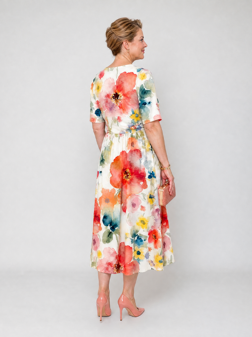 Abito midi floreale da donna con scollo a V e maniche corte - Leggero e femminile