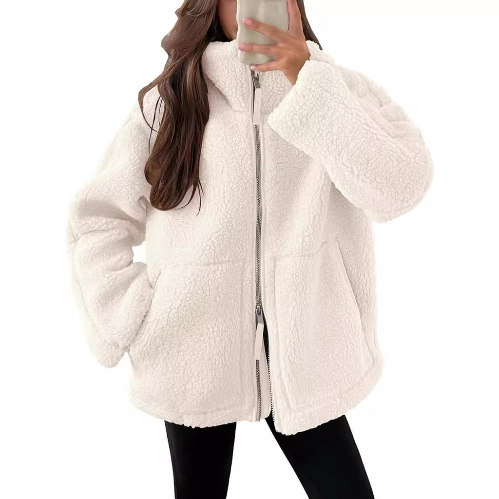 Giacca in pile da donna con colletto a punta – Capospalla casual semplice con tasche