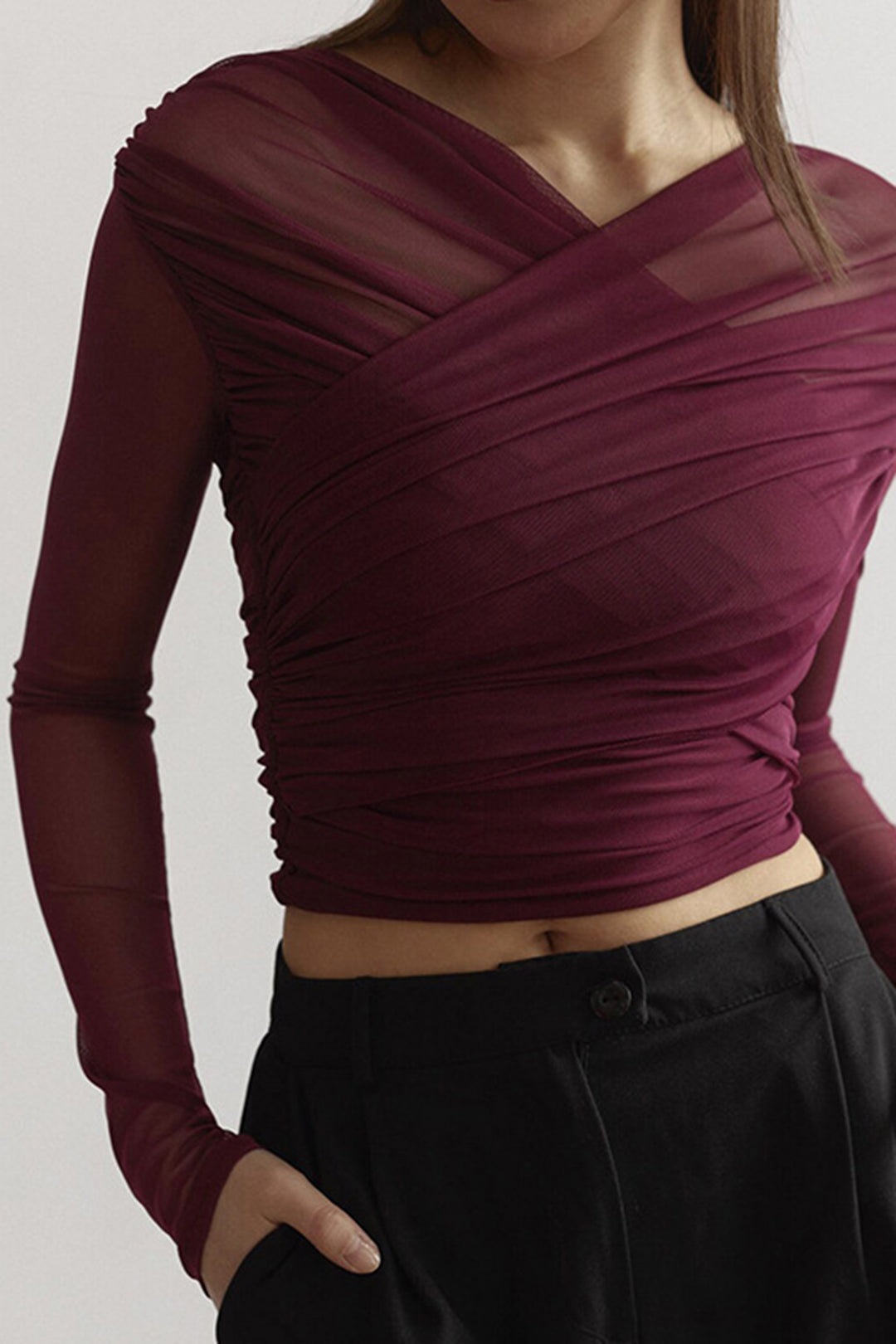 Camicetta da donna in rete drappeggiata – Maniche lunghe, elegante, casual, stile da lavoro