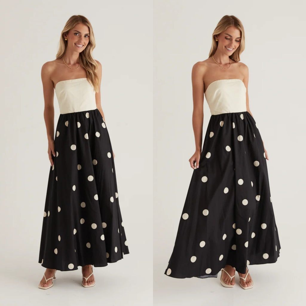 Abito lungo patchwork a pois da donna – Elegante abito tubino a trapezio