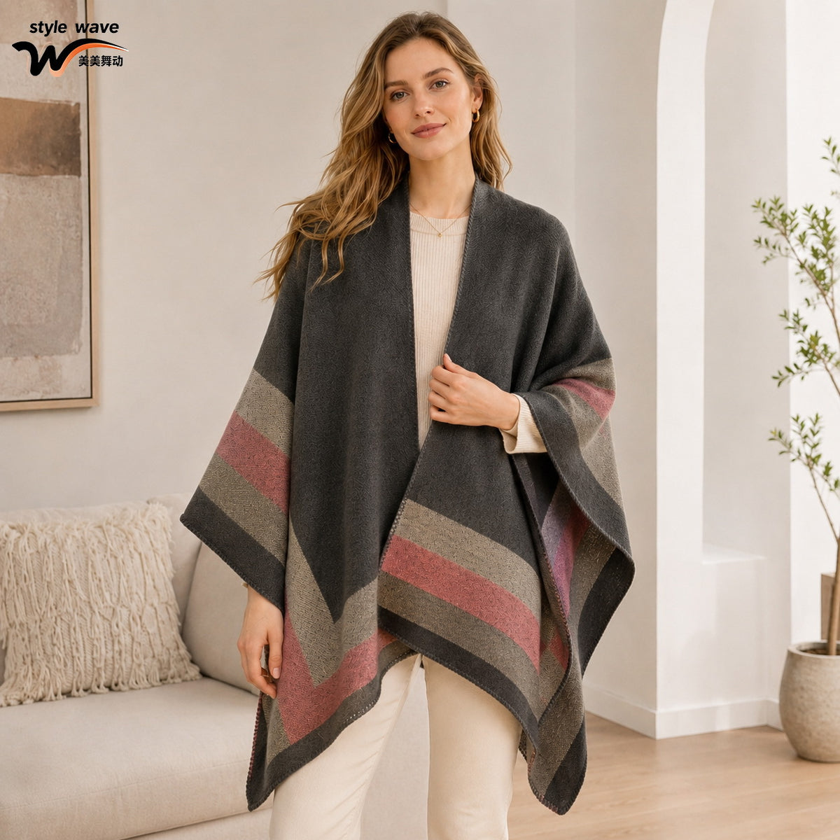 Jacquard-poncho til kvinder med kashmirlook – Chic og omsluttende