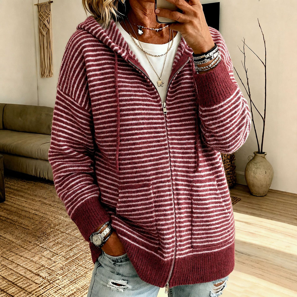 Women's striped hooded cardigan - Soft and casual