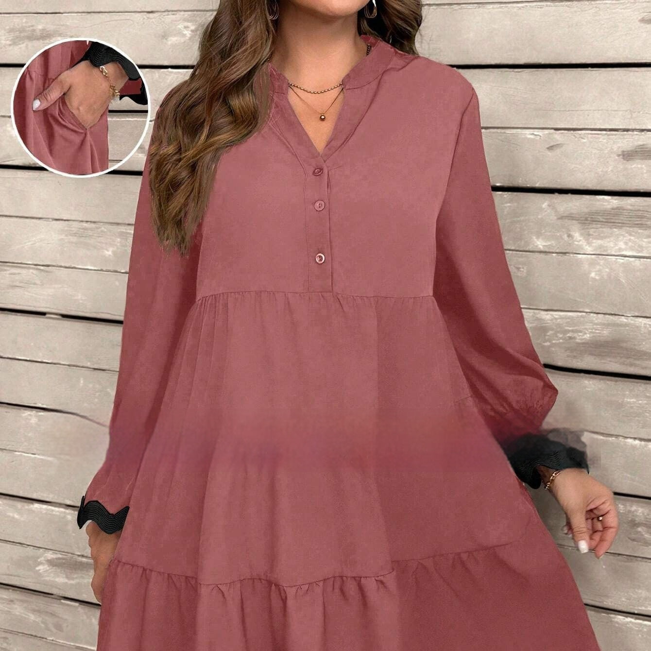 Abito midi donna scollo a V con inserti e maniche lunghe