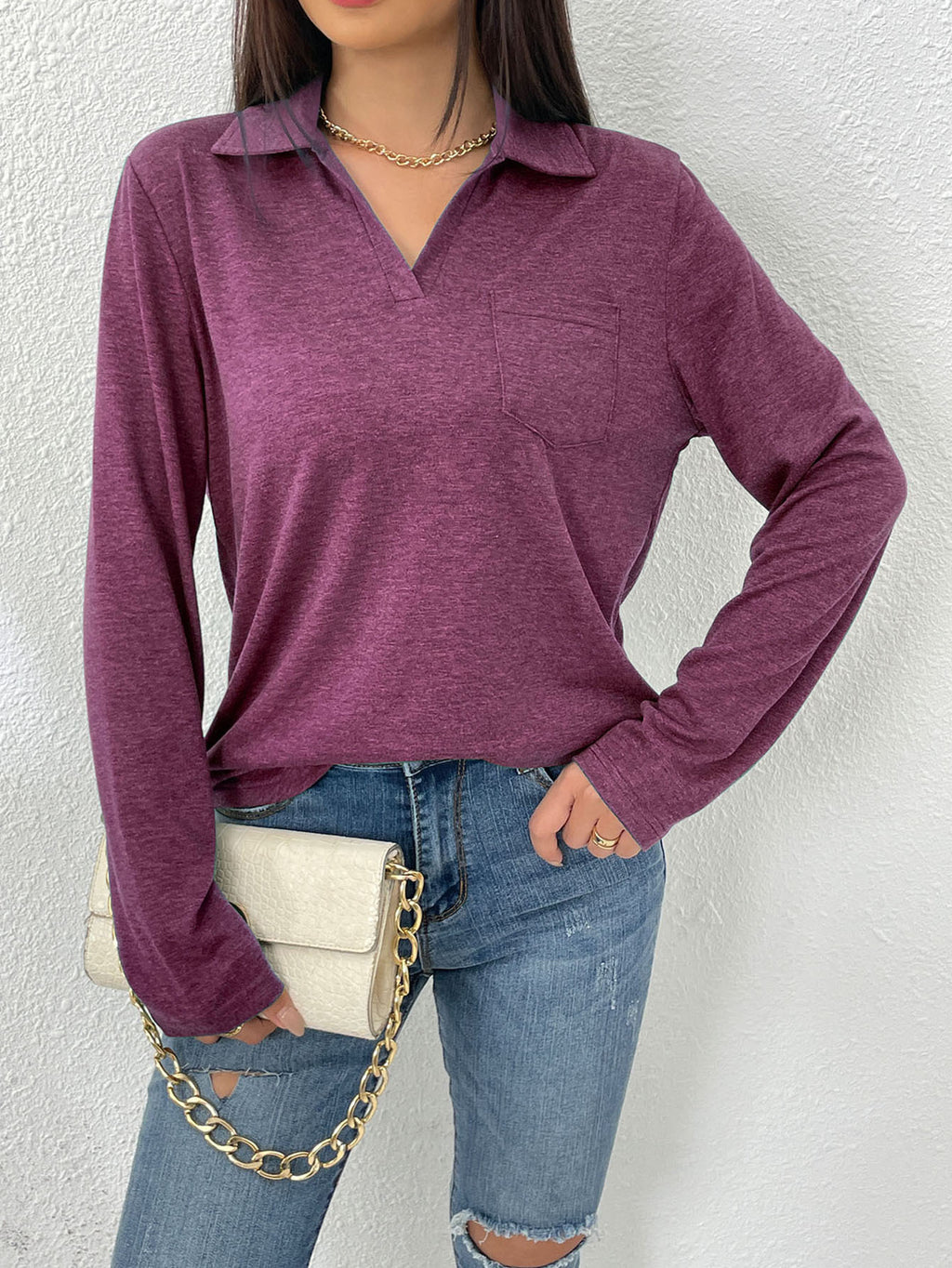 Top donna tinta unita con collo a revers - Semplice e comodo