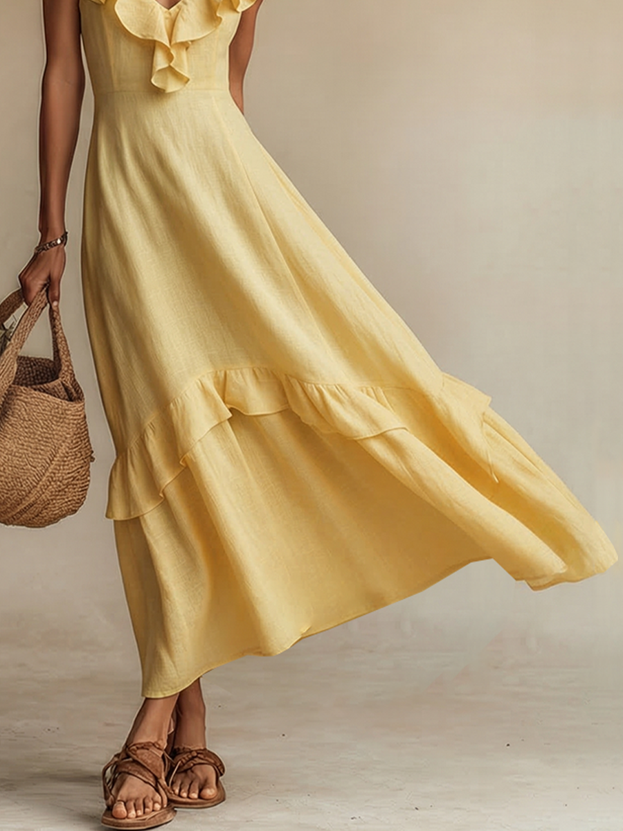 Abito maxi in lino giallo da donna con scollo a V e volant - Boho ed estivo