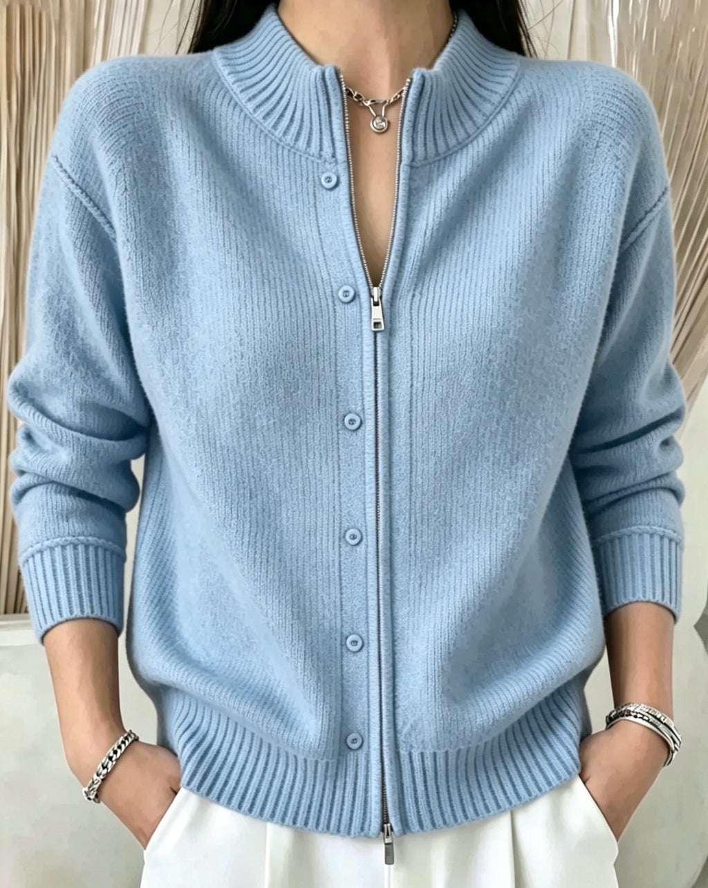 Suéter de mujer con cremallera y cuello redondo - Suave y práctico