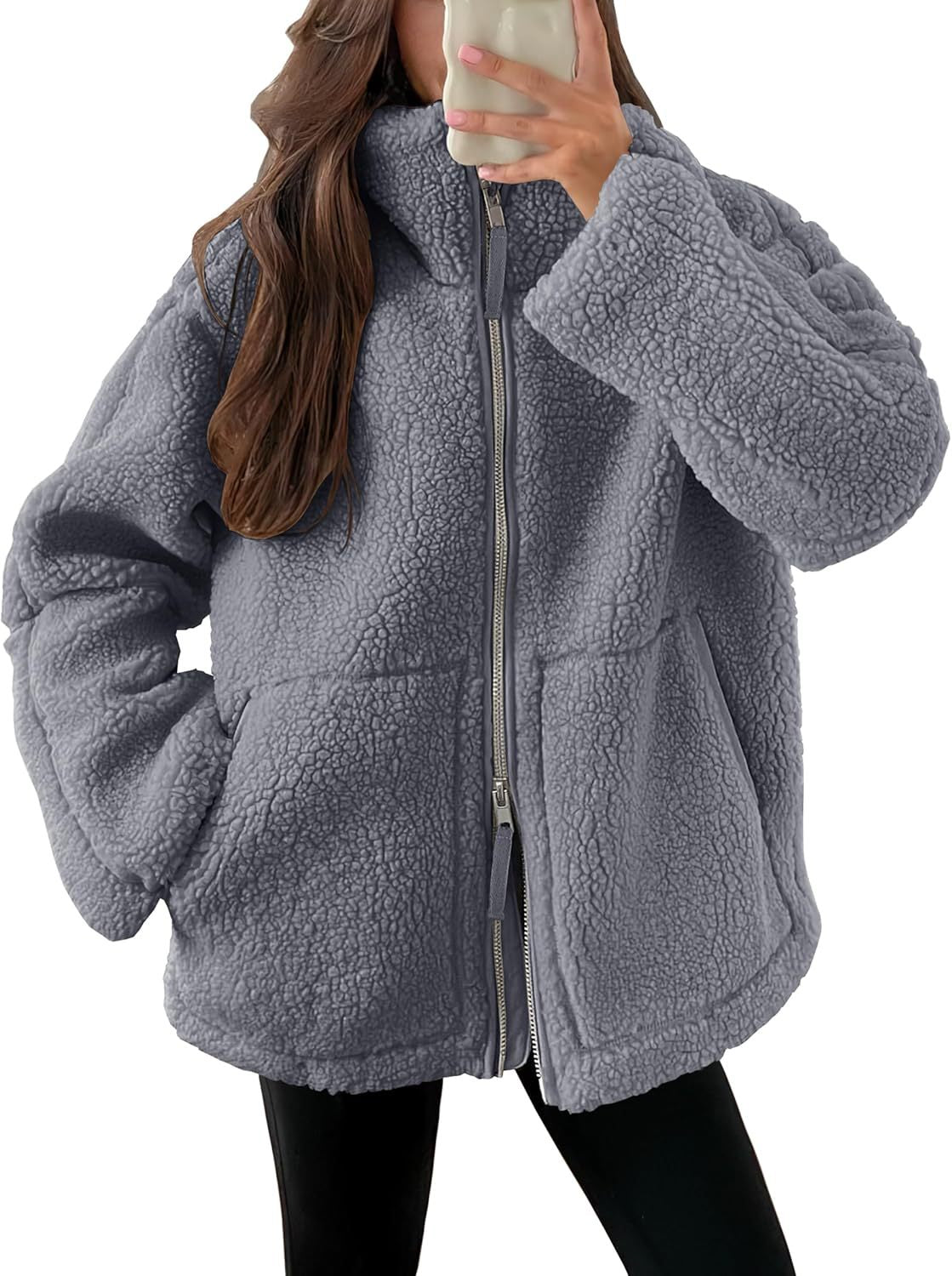 Giacca in pile da donna con colletto a punta – Capospalla casual semplice con tasche