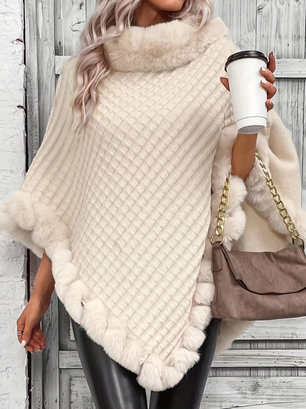 Elegante poncho lavorato a maglia da donna con bordo in pelliccia – Morbido mantello invernale in acrilico