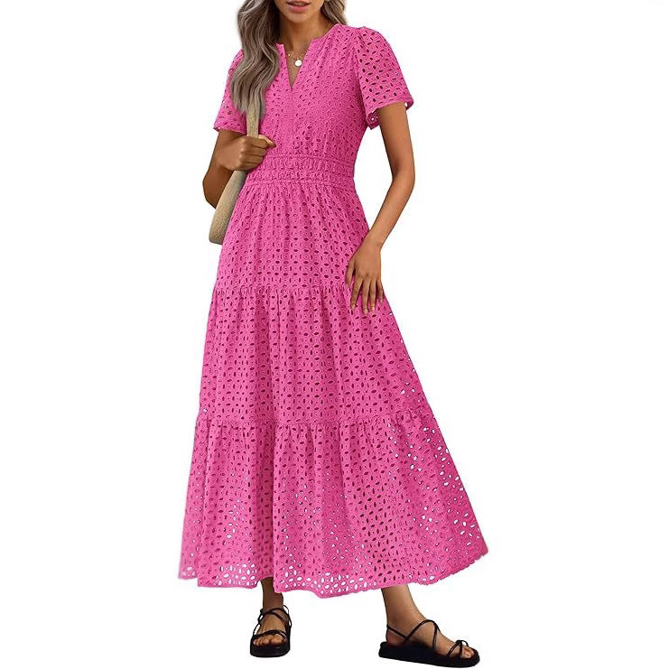 Abito lungo e fluido da spiaggia da donna – Stile scollo a V con maniche corte con occhielli