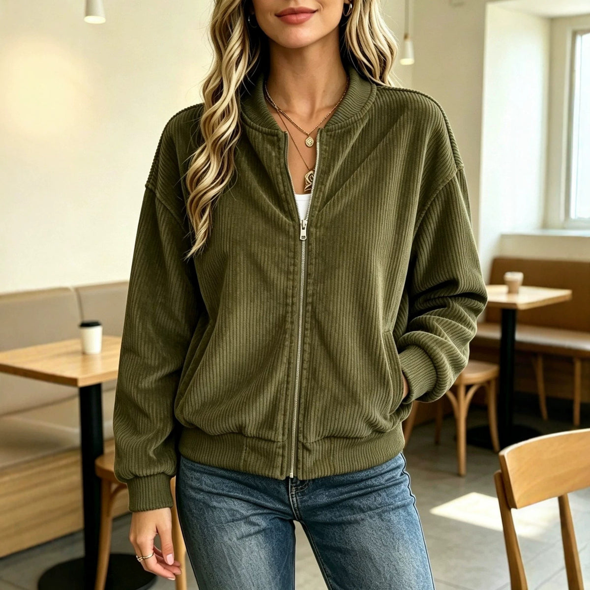 Veste femme zippée à rayures verticales - Rétro et décontractée