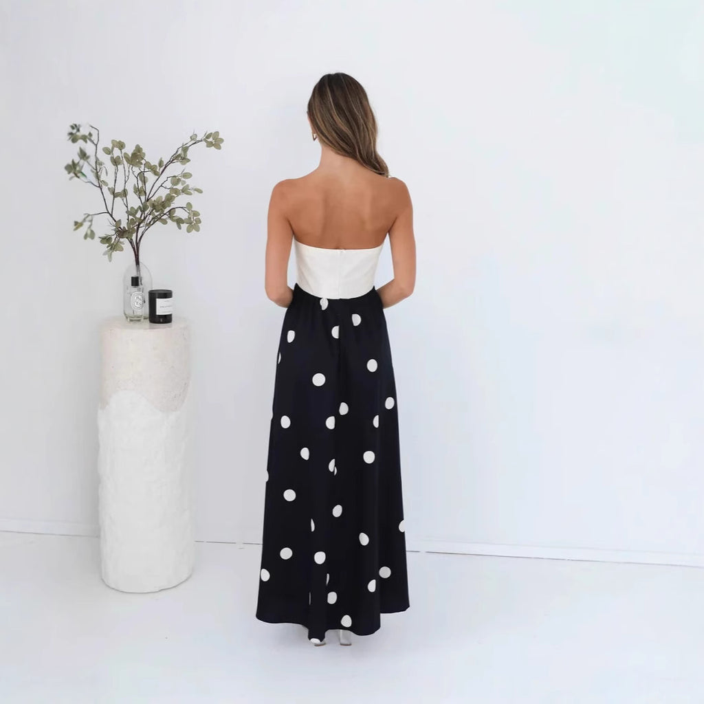 Abito lungo patchwork a pois da donna – Elegante abito tubino a trapezio