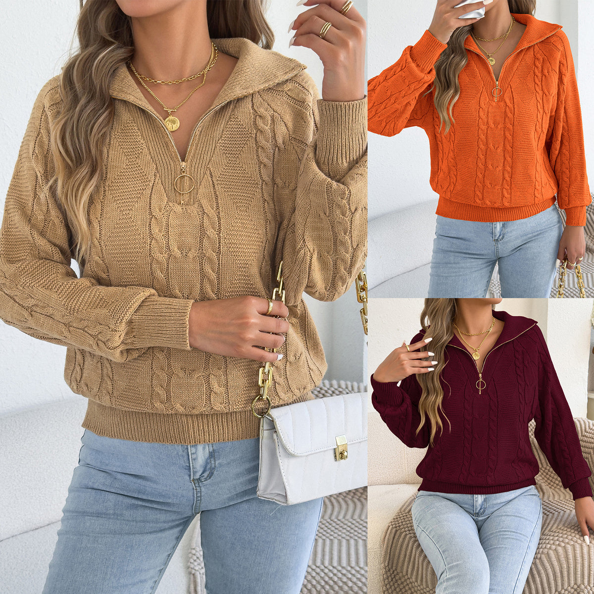 Pull femme torsadé à fermeture éclair - Chaud et pratique